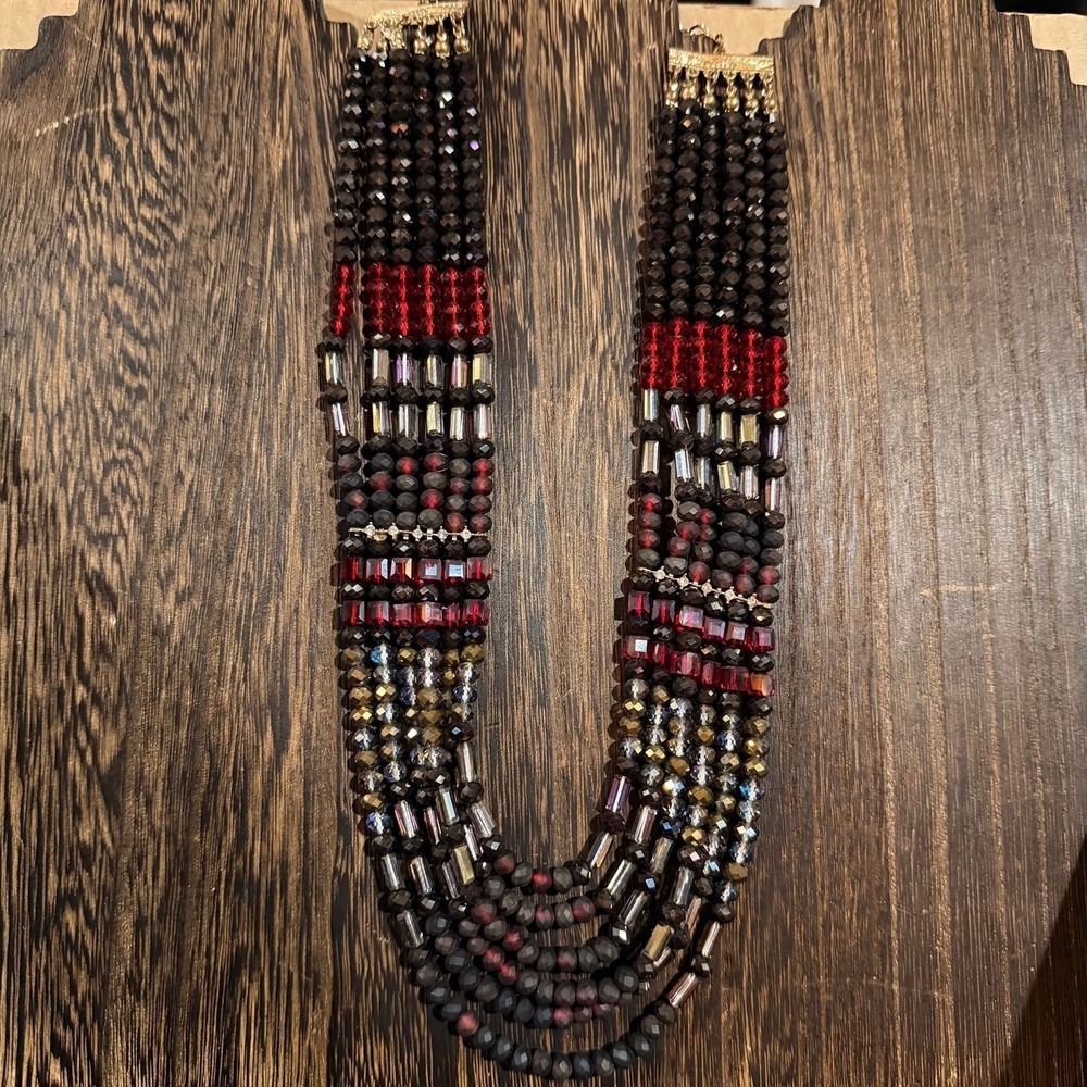 Multi-Strand Beaded Necklace Womens OS Black Red Statement Jewelry